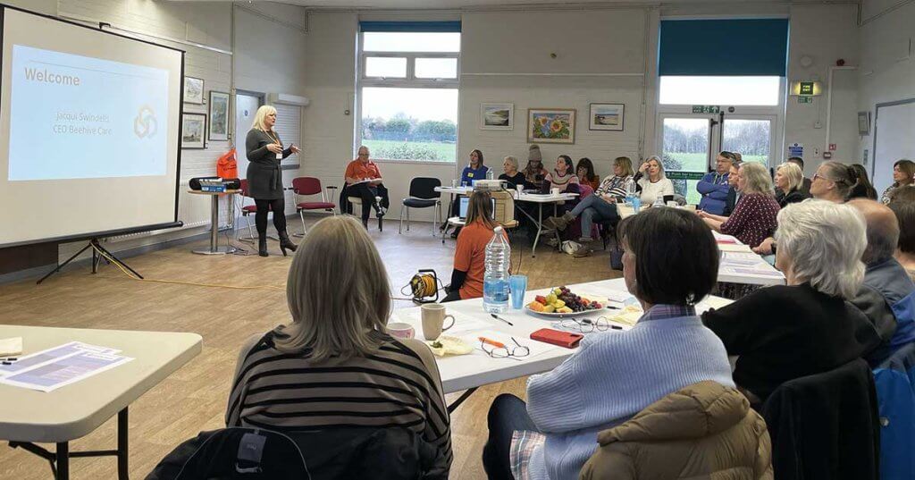 Jacqui Swindells of Beehive Care talking to a room full of care and dementia professionals for West Sussex Dementia Network launch